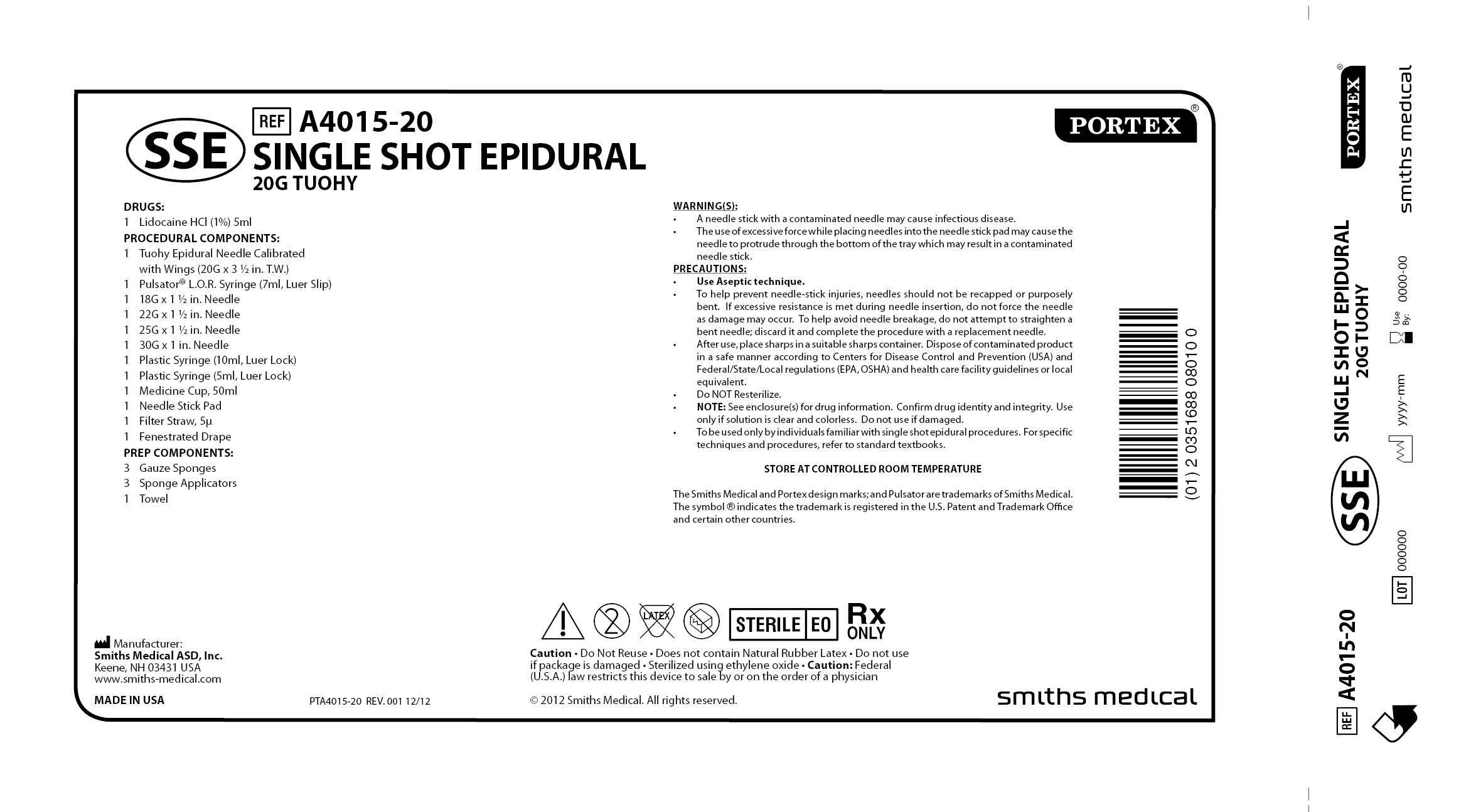 A4015-20 SINGLE SHOT EPIDURAL 20G TUOHY