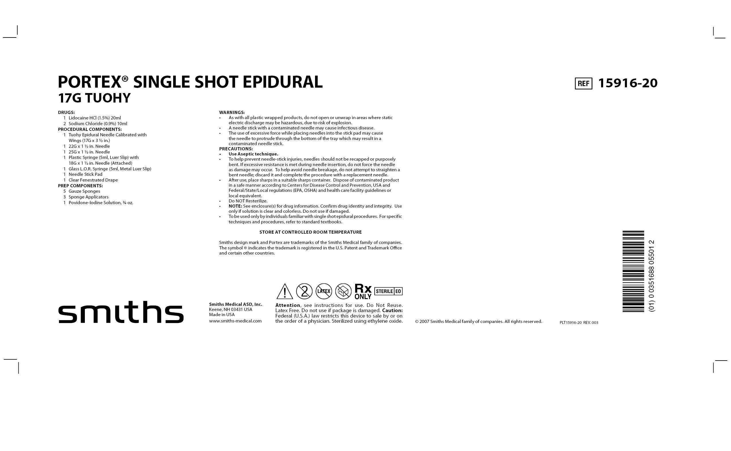 15916-20 PORTEX SINGLE SHOT EPIDURAL 17G TUOHY