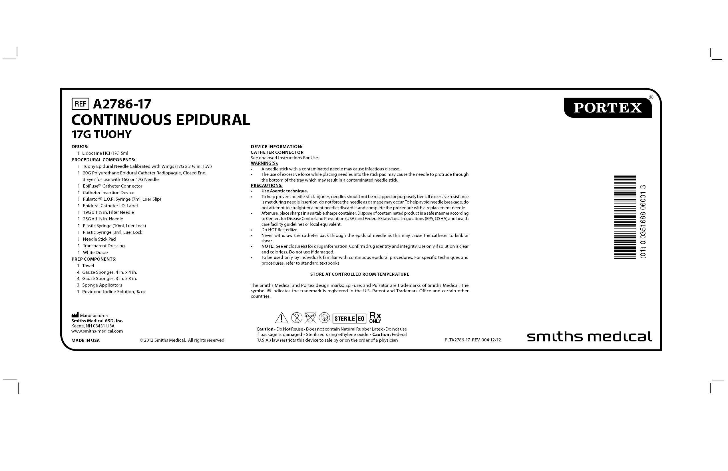 A2786-17 CONTINUOUS EPIDURAL 17G TUOHY