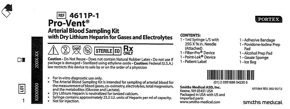 4611P-1 Pro-Vent Arterial Blood Sampling Kit with Dry Lithium Heparin for Gases and Electrolytes