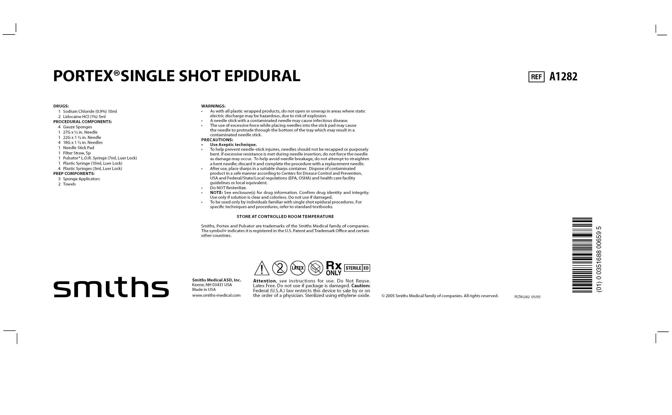 A1282 PORTEX SINGLE SHOT EPIDURAL