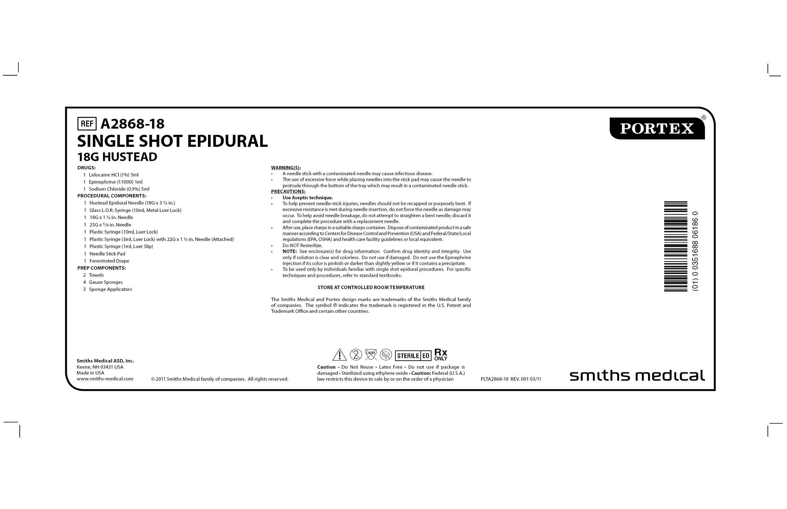 A2868-18 SINGLE SHOT EPIDURAL 18G HUSTEAD