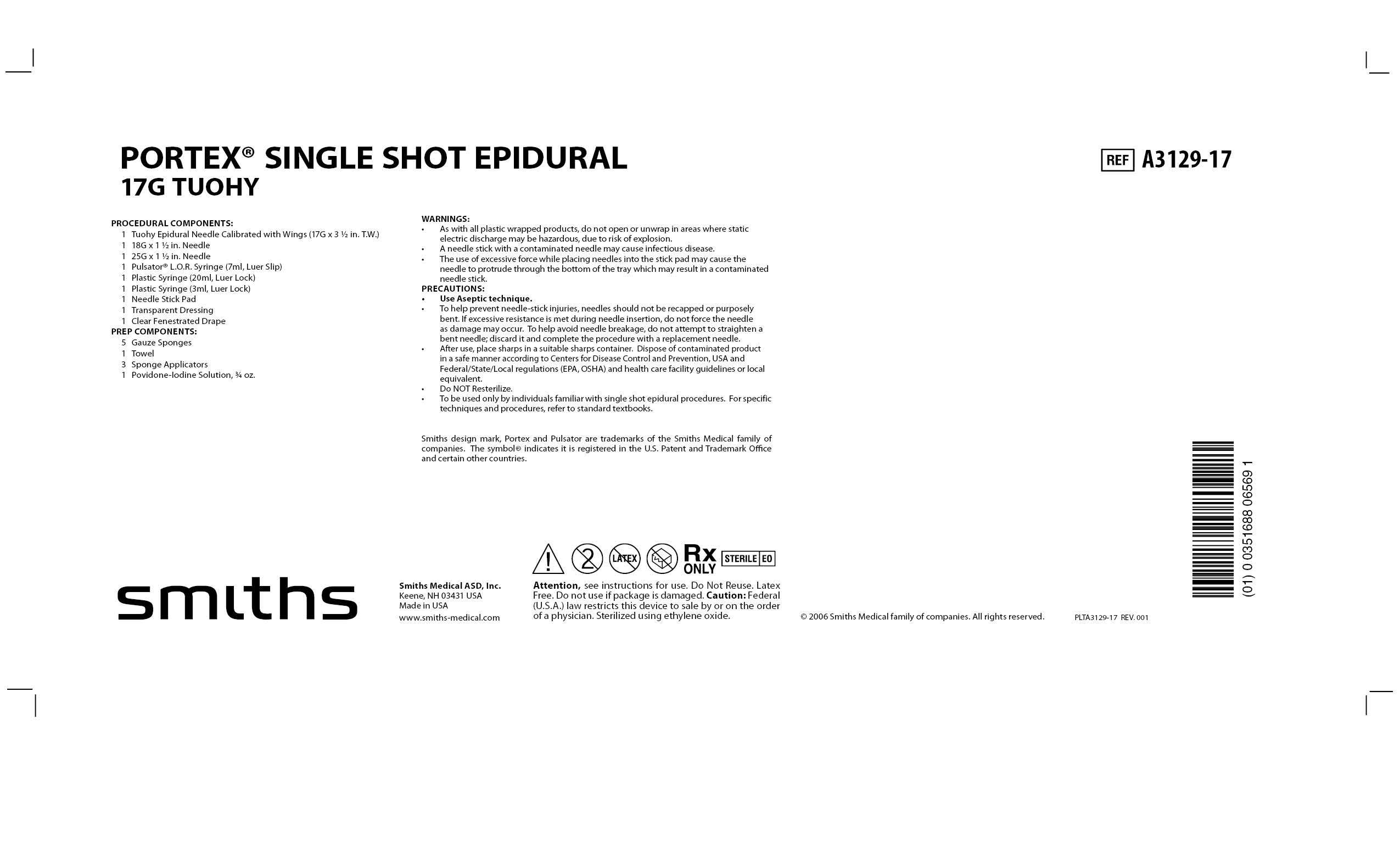 A3129-17 PORTEX SINGLE SHOT EPIDURAL