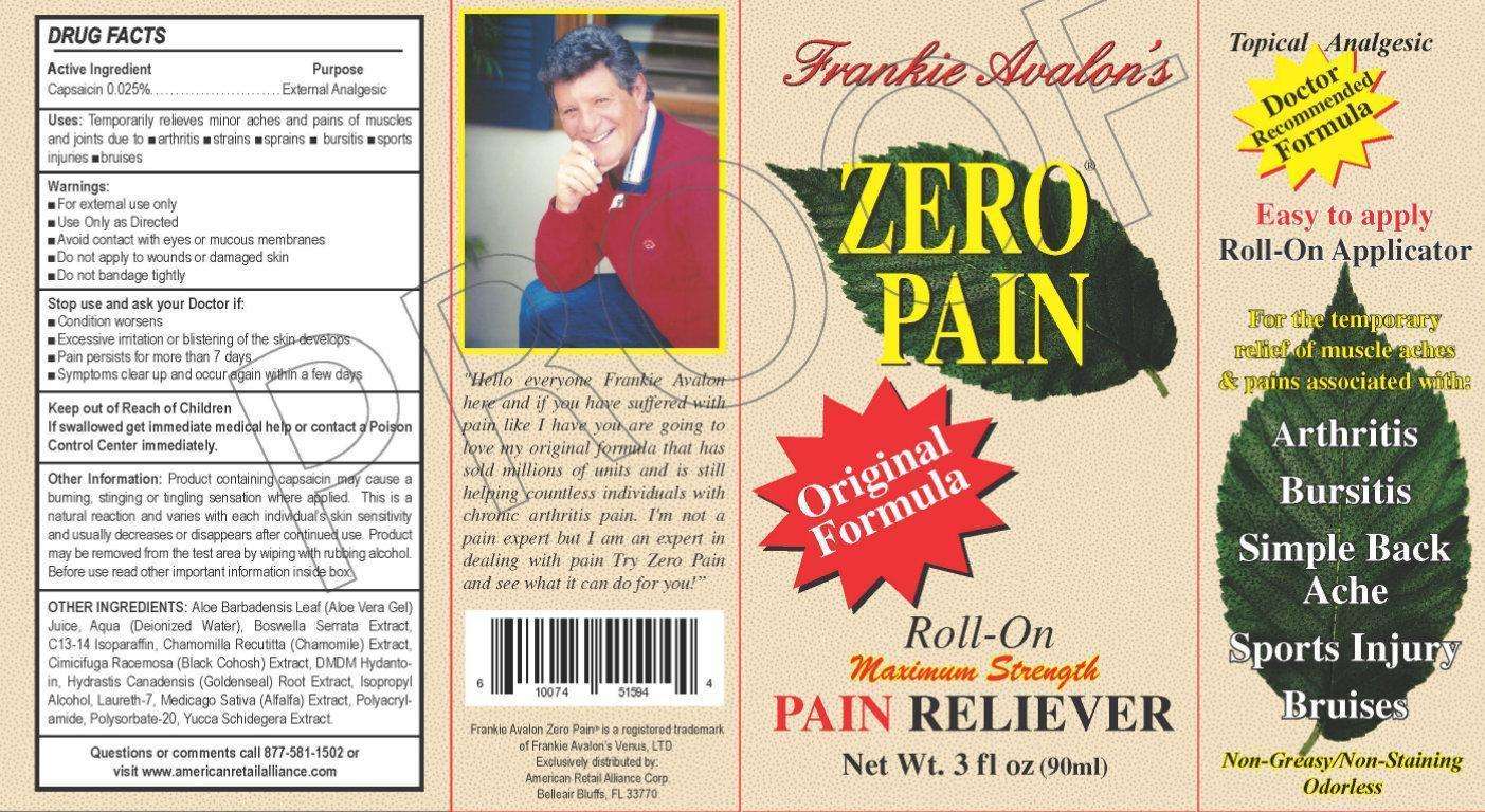 Frankie Avalons ZERO PAIN Original Formula Roll-On Maximum Strength PAIN RELIEVER