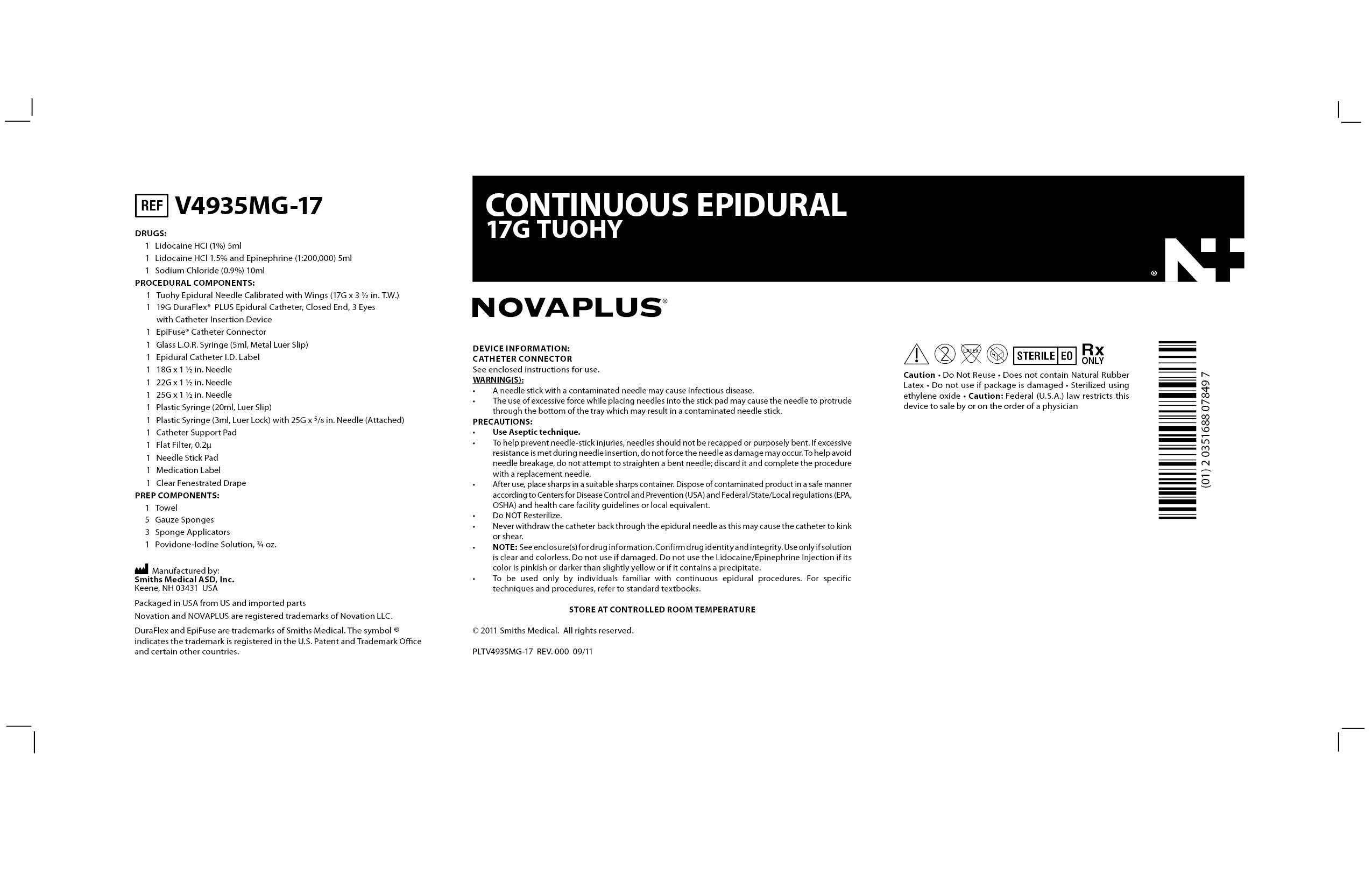 V4935MG-17 CONTINUOUS EPIDURAL 17G TUOHY