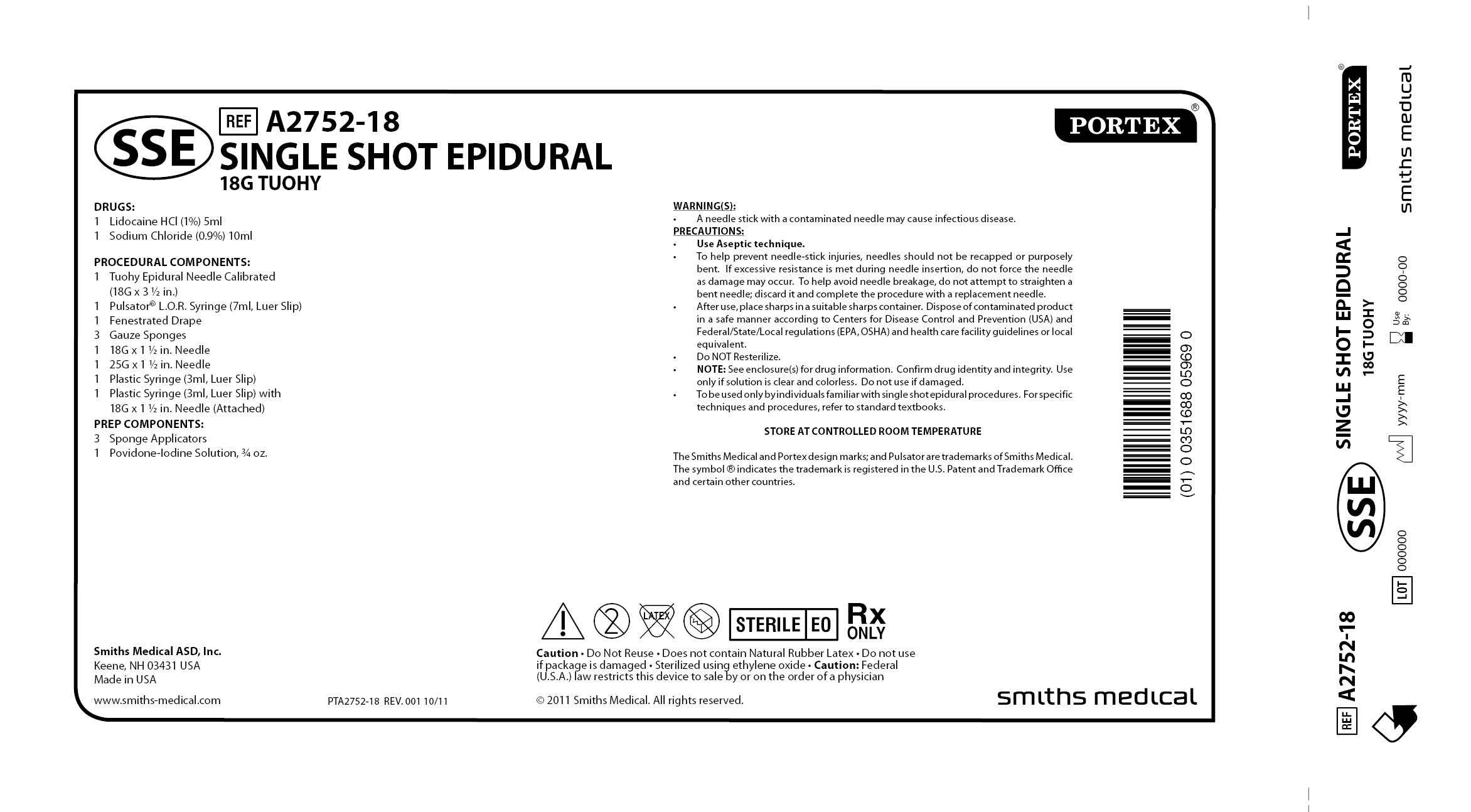 A2752-18 SINGLE SHOT EPIDURAL 18G TUOHY