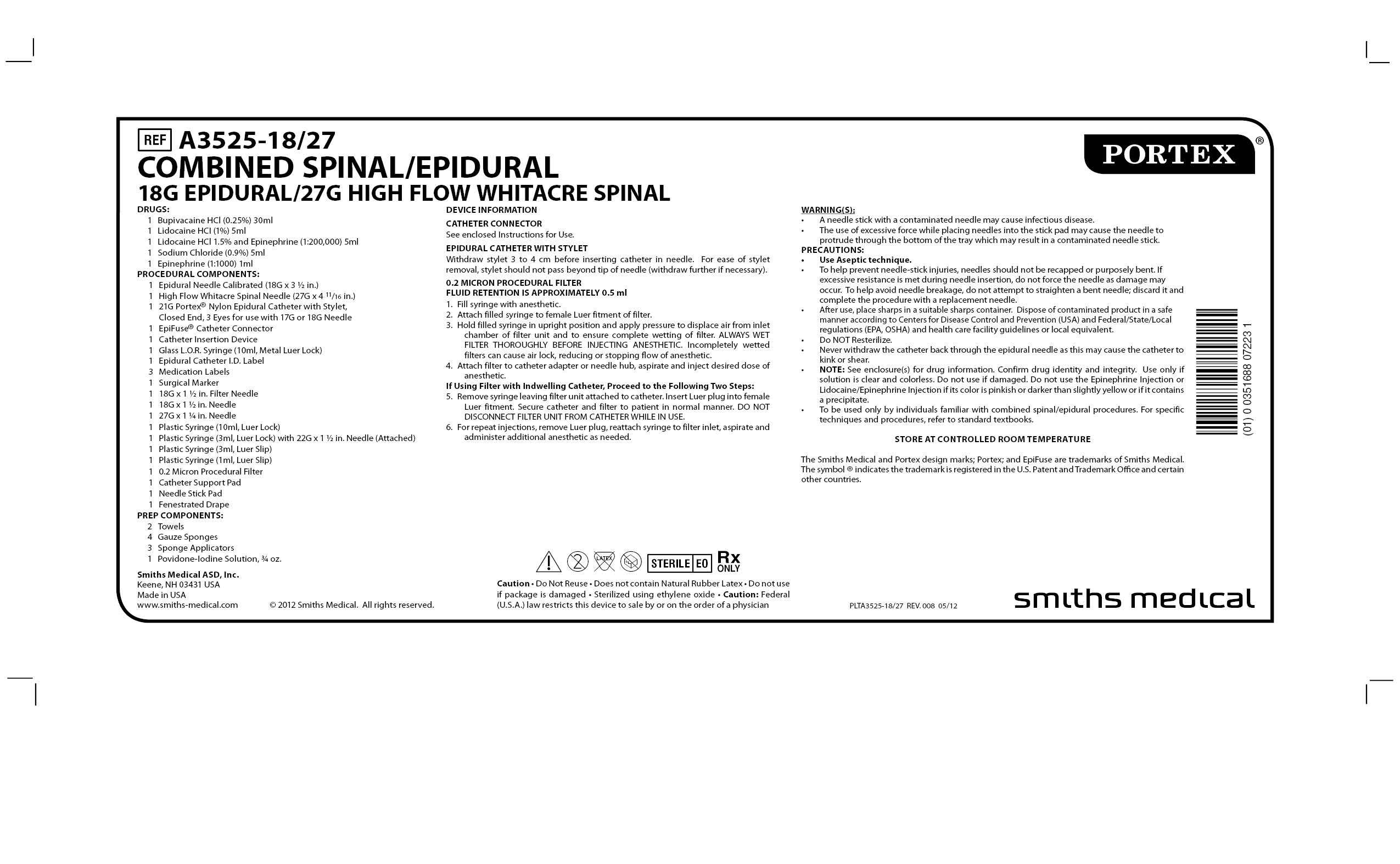A3525-18/27 COMBINED SPINAL/EPIDURAL 18G EPIDURAL/27G HIGH FLOW WHITACRE SPINAL