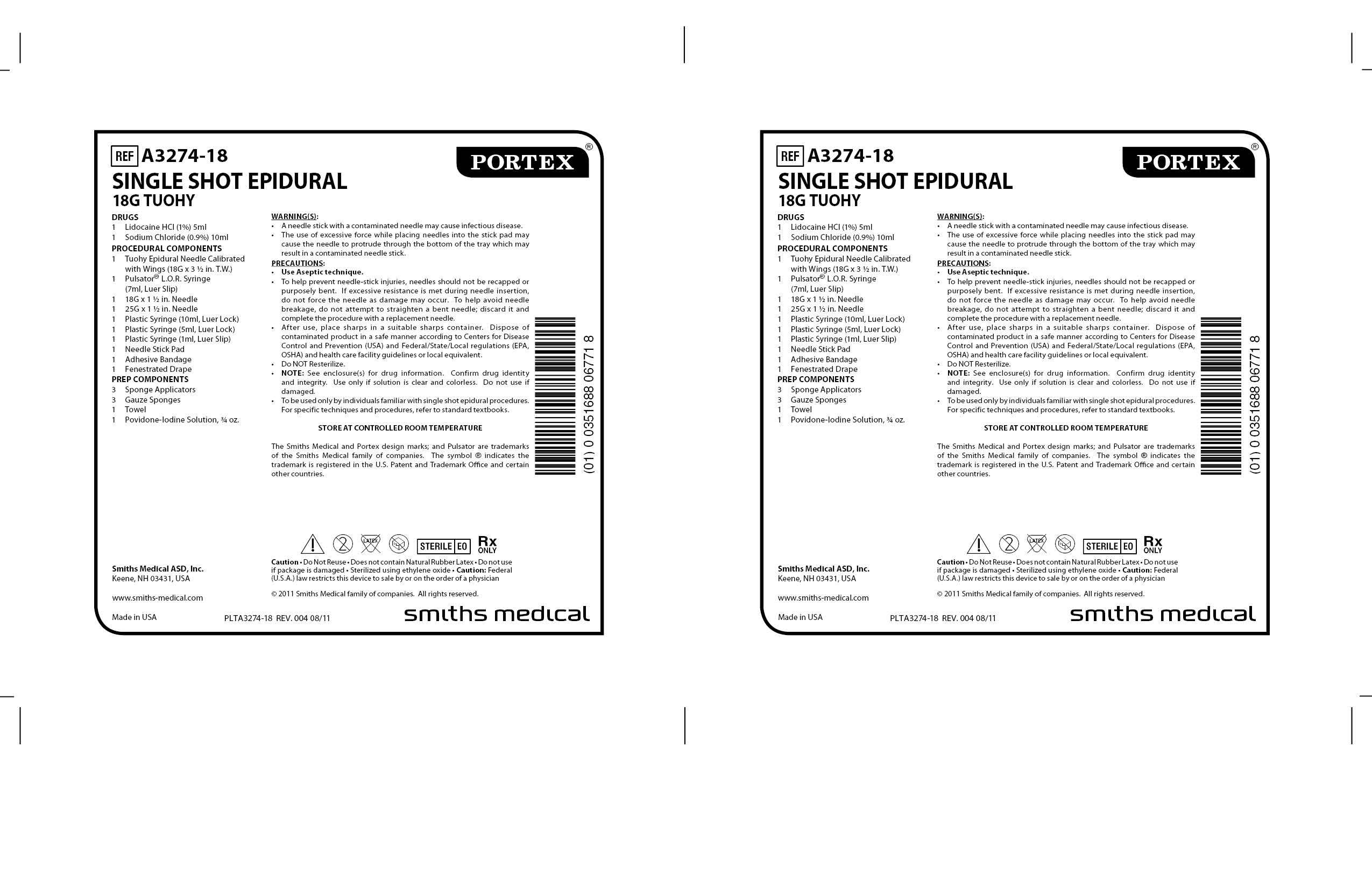 A3274-18 SINGLE SHOT EPIDURAL 18G TUOHY