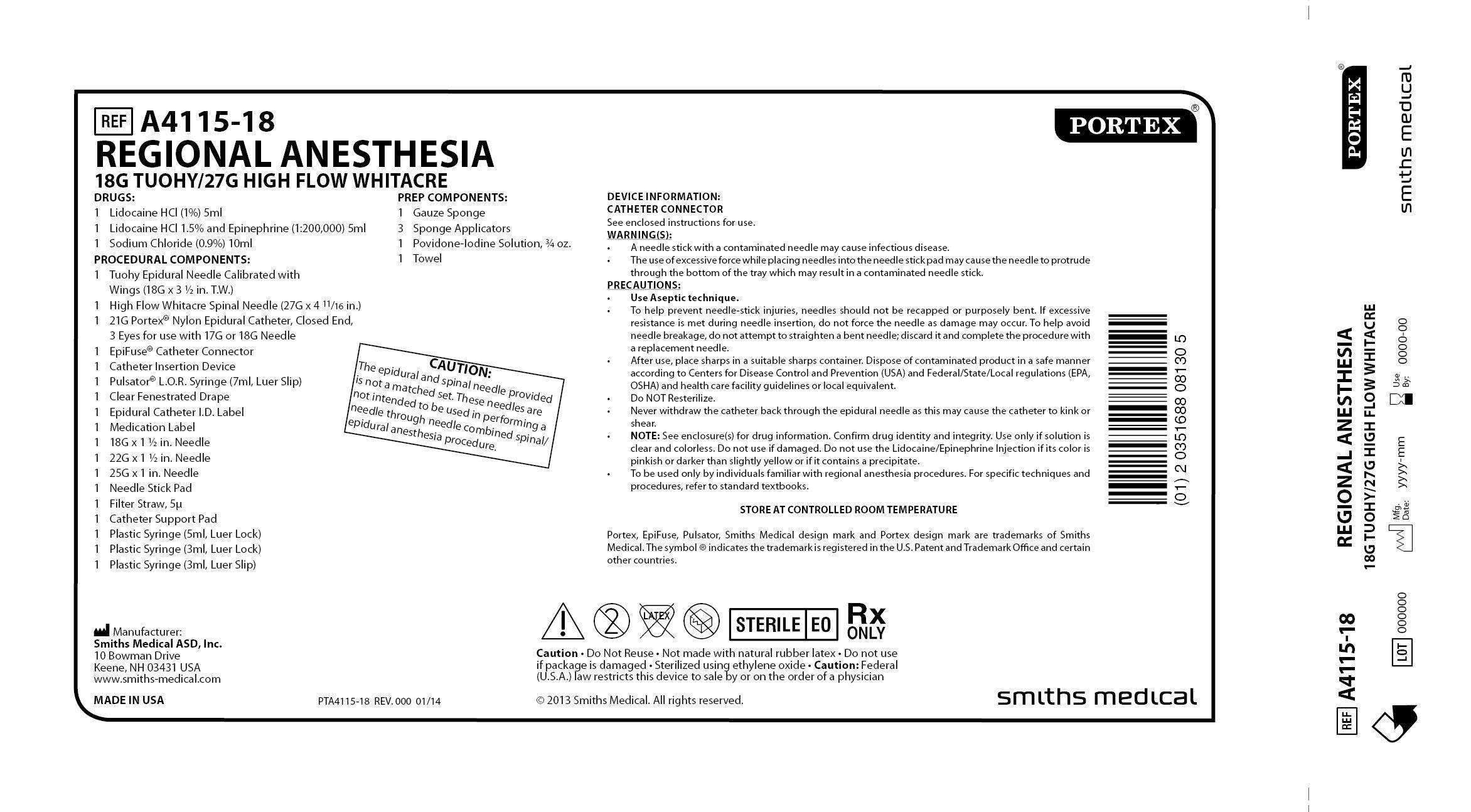 A4115-18 REGIONAL ANESTHESIA 18G TUOHY/27G HIGH FLOW WHITACRE